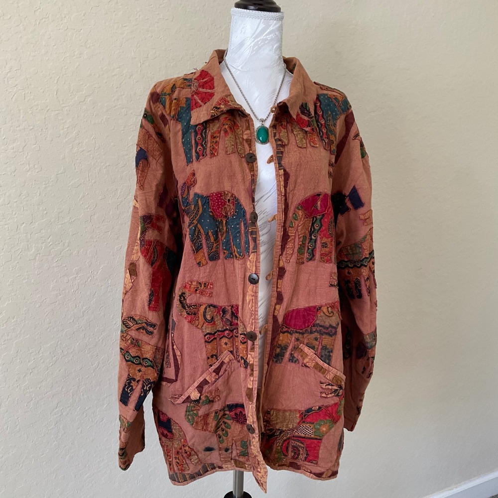 Vintage Chicos Elephant Patchwork Jacket XL Boho Art Wear India Festival Boho